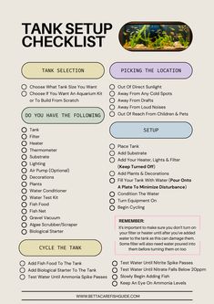 the tank setup checklist is shown with instructions for how to set up an aquarium