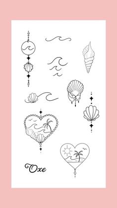 a drawing of different types of tattoos on a pink background with the words love written in black and white