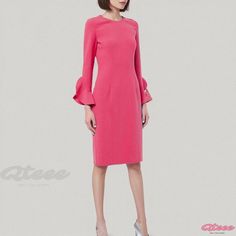 Qteee - Flattering Waist-Hugging Long-Sleeve Sheath Dress Pink Knee-length Bodycon Dress, Fitted Sleeved Midi Dress For Spring, Fitted Midi Dress With Sleeves For Spring, Pink Long Sleeve Bodycon Midi Dress, Pink Knee-length Bodycon Dress For Office, Pink Long Sleeve Dress For Office, Pink Long Sleeve Office Dress, Elegant Pink Knee-length Bodycon Dress, Pink Bodycon Dress For Office