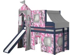 a pink camo themed bunk bed with slide and play tent for children to play in