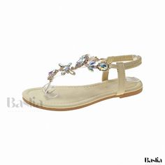 Baslia - Stylish Sandals with Exquisite Diamond Embellishments Elegant Embellished Sandals For Vacation, Elegant Embellished Beach Sandals, Elegant Embellished Toe Post Sandals, Shoe Sole, Flat Mules, Rhinestone Embellishments, Stylish Sandals, Embellished Sandals, Stiletto Sandals