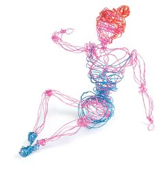 a colorful wire sculpture of a man running with his arms and legs spread out to the side