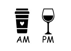 a glass of wine next to a cup with the word am pm