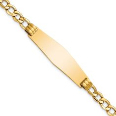 14k yellow gold polished soft diamond shape cuban link ID bracelet. Measures approximately 3/16 of an inch in width and has a lobster claw clasp. Id Bracelets, Gold Polish, Cuban Link, Diamond Shape, Bracelet Sizes, Gold Material, Yellow Color, Lobster Claw, Diamond Shapes