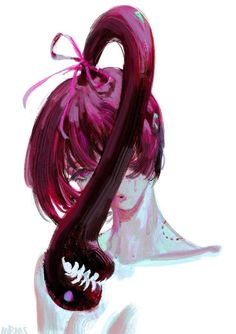 a drawing of a woman's head with long, red hair and pink highlights