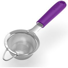 a stainless steel strainer with a purple handle on an isolated white background for use in cooking