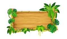 an empty wooden sign surrounded by green plants and leaves on a white background stock photo