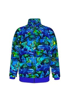 *NEW* Fashionable All-Over Print Bold Zip-Up Bomber Jacket! Make a statement in this colorful all-over print jacket based off an original alcohol inks semi- abstract painting by Visual Artist Cassandra Clark. Perfect as a light spring jacket, night out, comfy cover when staying in, or expressing vibrant color anywhere you go!  10% of this ocean-themed art sale will be directly donated to The Ocean Clean Up (www.theoceancleanup.com) nonprofit organization, a cause I truly believe in as an ocean l Casual Green Printed Outerwear, Trendy Blue Long Sleeve Track Jacket, Trendy Blue Track Jacket For Spring, Blue Printed Outerwear For Spring, Trendy Blue Outerwear With Graphic Print, Blue Printed Long Sleeve Outerwear, Casual Blue Printed Outerwear, Blue Graphic Print Outerwear For Fall, Blue Outerwear With Graphic Print For Fall