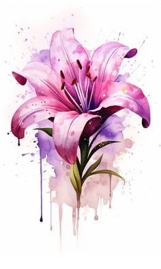 a painting of a pink flower with watercolor drops on it's petals and leaves