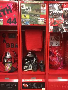 the red lockers are filled with sports memorabilia and items to wear on their team's uniforms