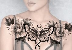 a woman's chest with flowers and an owl tattoo on it