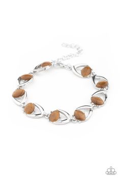 Paparazzi Accessories-Modern Mystic - Brown Bracelet Item #P9RE-BNXX-129XX Featuring glowing brown cat's eye stone accents, abstract silver frames delicately link across the wrist for a refined flair. Features an adjustable clasp closure. Sold as one individual bracelet. Modern Mystic, Paparazzi Consultant, Brown Bracelet, Cats Eye Stone, Brown Cat, Silver Frames, Paparazzi Accessories, Eye Stone, Inspired Jewelry