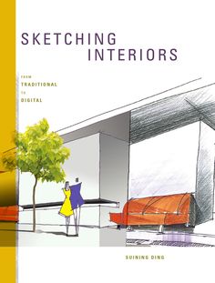 a drawing book with an image of a person walking in front of a couch and table