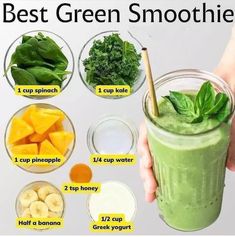 the best green smoothie recipe is shown in this image with ingredients to make it