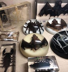 some fake bats are on display in a glass case and plastic trays with them