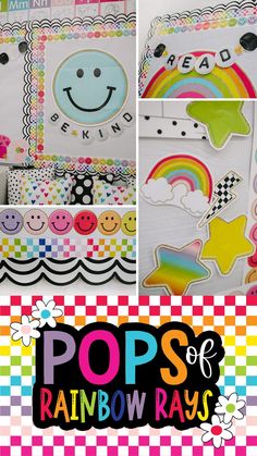 rainbow themed classroom decor with pops of rainbow rays on the front and back wallpapers