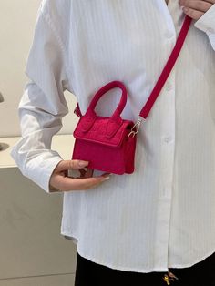 BirdinBag - Neon Pink Crocodile Embossed Mini Flap Square Bag Mini Chain Bag, Chic Crossbody Bag, Chain Bag, Bag Bag, Square Bag, Chain Bags, Textures Patterns, Shoulder Handbags, Neon Pink