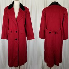 Forecaster of Boston red wool maxi coat with black velvet buttons and collar Women's size 10.   Good to very good vintage condition wool wise showing some normal wear in the form of fuzzing.  There is a small black spot and the pocket seams have holes.   Actual measurements are: Armpit to armpit approx 22.5" Shoulder seam to shoulder seam approx 17" Across the waist area approx 21.5" Across the hip area approx 23.5" Sleeve length from shoulder seam to cuff approx 23.5" Length down the center bac Long Red Coat, Wool Maxi Coat, Red Long Coat, Red Wool Coat, Maxi Coat, Red Coat, Red Wool, Boston Red, Black Spot