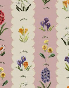 a pink wallpaper with flowers on it and scalloped edges in different colors