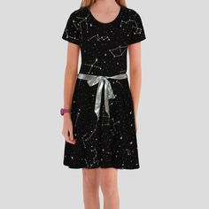 Constellations Glow-in-the-Dark Short Sleeve Kids Twirl Dress Space Concept, Lycra Dress, Kids Dress Collection, Astronomy Lover, Dark Dress, Dresses With Pockets, Dark Ink, Smart Outfit, In The Stars