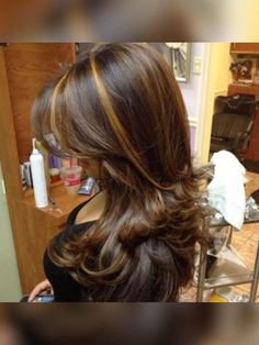 Gold Streaks In Brown Hair, Chunky Highlights With Curtain Bangs, Different Brown Hair Colors Ideas, Dark Brown Hair With Amber Highlights, Brown Hair With Highlights With Layers, Carmel Highlights On Brown Hair Chunky, Dyed Hair Black, Brown Streaks In Black Hair, Dyed Hair Brunette