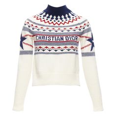 CHRISTIAN DIOR Dioralps cream wool cashmere logo star fairisle sweater FR34 XS Reference: AAWC/A01093 Brand: Dior Designer: Maria Grazia Chiuri Collection: Dioralps Material: Virgin Wool, Cashmere Color: Cream, Blue Pattern: Fair Isle Closure: Pullover Extra Details: Star intarsia at sleeve. Made in: Italy CONDITION: Condition: Excellent, this item was pre-owned and is in excellent condition. This piece appears to be unworn and is in great condition. SIZING Designer size: FR34 Size reference: US0 / UK6 / IT38 / FR34 / XXS-XS MEASUREMENTS: Neck to sleeve: 67cm / 26.1" Chest: 40cm / 15.6" Waist: 42cm / 16.4" Length: 50.5cm / 19.7" This Dior item is authentic. Dior Clothes, Dior Sweater, Logo Star, School Fair, Cashmere Color, Dior Designer, Maria Grazia Chiuri, Maria Grazia, Fair Isle Sweater