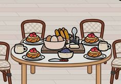 a table with plates and bowls of food on it, next to two chairs in front of the table