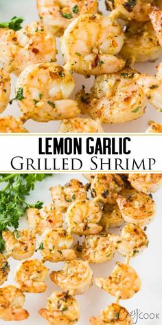 lemon garlic grilled shrimp on a white plate with parsley