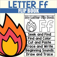 the letter f flip book for children with fire and flames on it, is shown