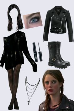 a woman in black clothes and accessories including boots, lipstick, eyeliners, necklaces