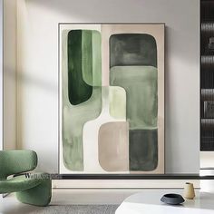 an abstract painting hangs in the corner of a living room