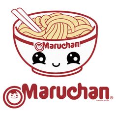 a bowl of noodles with chopsticks in it and the word maruchan on top