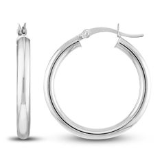 A lustrous high-polish finish adorns these timeless women's hoop earrings. Fashioned in 14K white gold, the 25mm tube earrings secure in place with hinged backs. Timeless Round Huggie Earrings With Polished Finish, Classic White Gold Hoop Earrings For Formal Occasions, Elegant Round Huggie Earrings With Sterling Silver Clasp, Polished Small Hoop White Gold Jewelry, Small Hoop White Gold Jewelry With Polished Finish, Timeless White Gold Hypoallergenic Hoop Earrings, Classic Silver Hoop Earrings, Classic Sterling Silver Hoop Earrings For Formal Events, Classic Sterling Silver Hoop Earrings