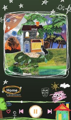 a drawing of a house on a television screen with trees and stars in the background