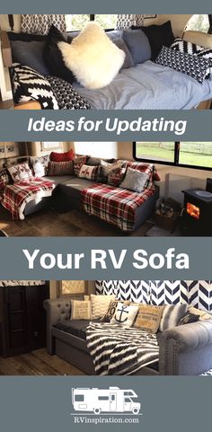 three different couches with pillows on them and the words ideas for updating your rv sofa