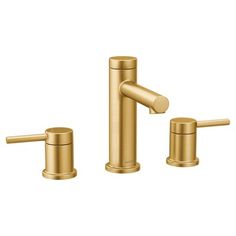 the faucet is shown in gold, with two handles and nozzles