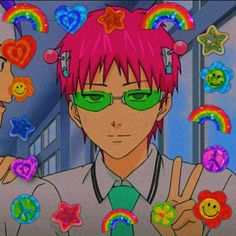 a man with pink hair and green glasses holding up two fingers in front of him