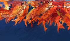 an artistic painting of goldfish swimming in the water with their reflection on the water surface