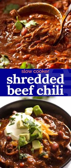 slow cooker shredded beef chili recipe in a skillet