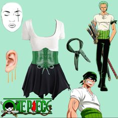 an anime character with green hair and white shirt, black skirt and pair of scissors