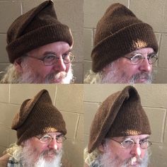 four pictures of an old man with glasses and a beard wearing a brown knitted hat