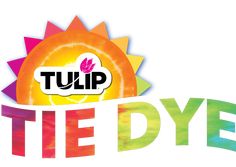 the tulip tie dye logo is shown in multicolored letters and an orange sun