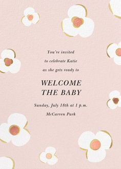 a pink and gold baby shower with white flowers on it