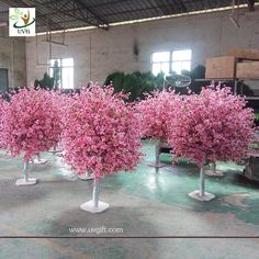 pink flowers are in white vases on display