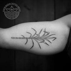 a black and white photo of a bamboo stick tattoo on the left upper half arm