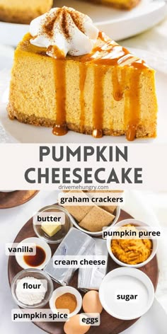 pumpkin cheesecake on a plate with ingredients to make it