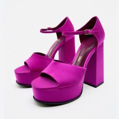 Zara Chunky Satin Platform Sandals New With Tags Zara Platform Heels With Open Heel, Zara Platform Open Heel Heels, Zara Closed Toe Platform Heels, Zara Open Heel Platform Heels, Metallic Oxfords, Wood Platform Sandals, High Heel Platform Sandals, Feather Sandals, Strappy Platform Heels