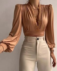 Lasaky - Puff Lantern Sleeve Lace Trim Top Lantern Sleeve Top, Lantern Sleeved Blouses, Chique Outfits, Elegante Casual, Puff Long Sleeves, Blouse Material, Brown Top, Long Puff Sleeves, Trend Fashion