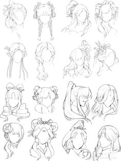 some sketches of different hairs and hair styles for the character's head, from front to back