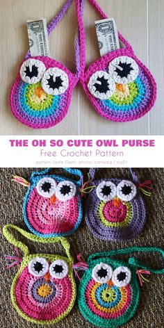 crochet owl purse and coin purse with the words, the oh so cute owl purse free crochet pattern